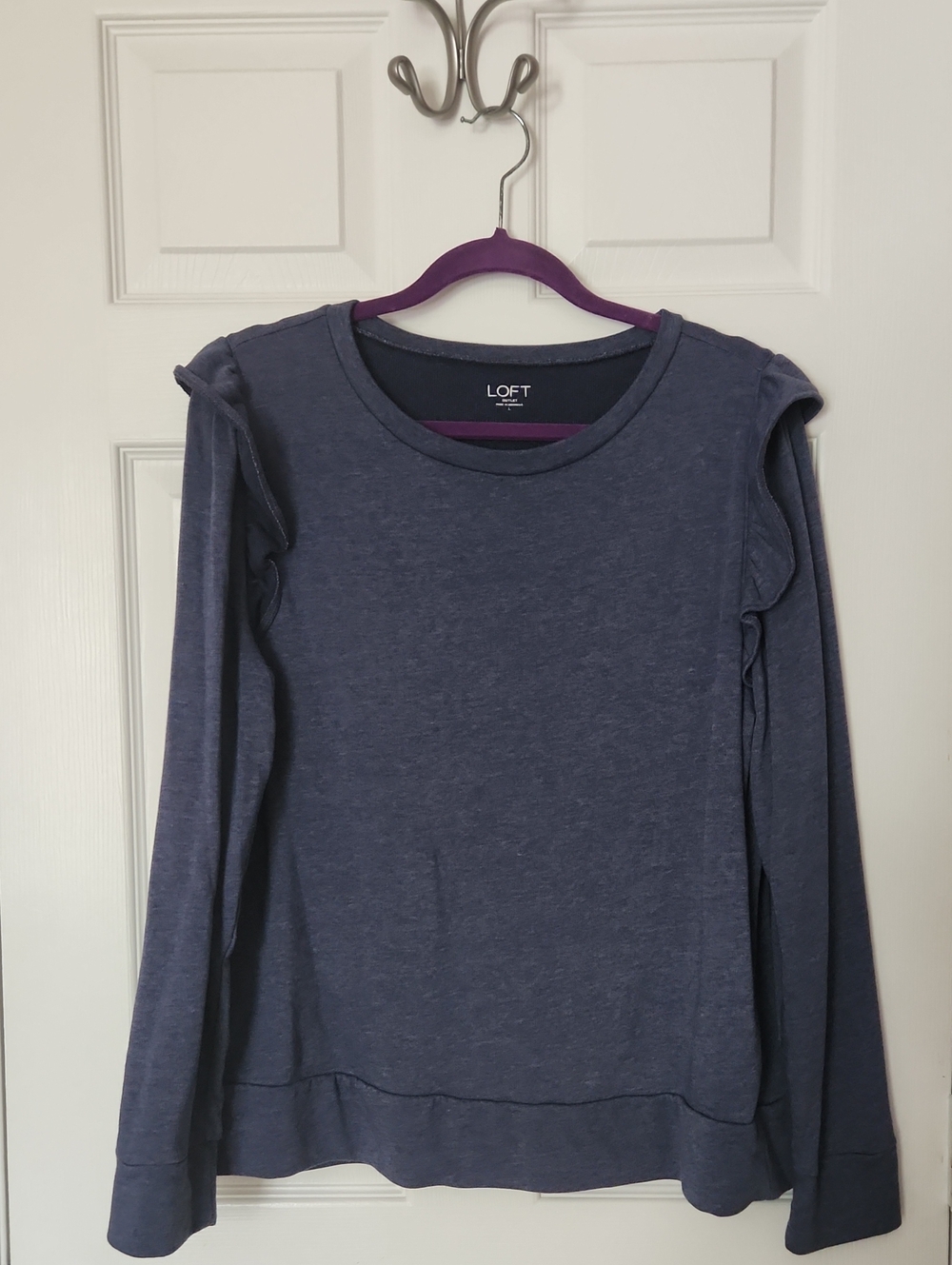 Cozy Casual Fall LOFT Slate Blue Ruffle-Shoulder Long-Sleeve Top